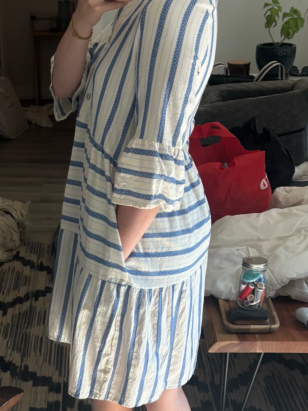 Blue and White Striped Midi Dress with Ruffle Hem